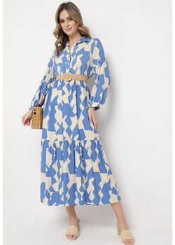 Niebiesko-Beżowa Rozkloszowana Sukienka Maxi Koszulowa z Geometrycznym Wzorem Pholimena ze sklepu Born2be Odzież w kategorii Sukienki - zdjęcie 169879420