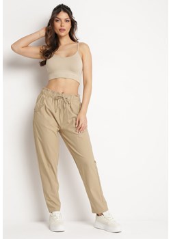 Beżowe Spodnie z Talią Paper Pag z Wiązanym Sznurkiem Munisetti ze sklepu Born2be Odzież w kategorii Spodnie damskie - zdjęcie 169879464