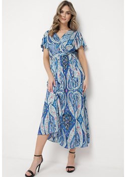 Niebieska Długa Sukienka z Wiskozy z Kopertową Górą i Geometrycznym Wzorem Amareth ze sklepu Born2be Odzież w kategorii Sukienki - zdjęcie 169879812