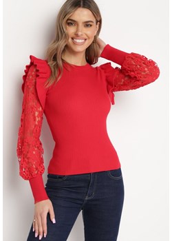 Czerwony Sweter z Koronką i Bufiastym Rękawem Aelertes ze sklepu Born2be Odzież w kategorii Swetry damskie - zdjęcie 169879892