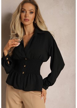 Czarna Koszula z Marszczoną Talią i Ozdobnymi Guzikami Dapnelli ze sklepu Renee odzież w kategorii Koszule damskie - zdjęcie 169892263