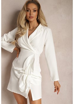 Biała Sukienka Mini w Stylu Marynarki z Długimi Rękawami i Kwiatową Aplikacją Tansiwia ze sklepu Renee odzież w kategorii Sukienki - zdjęcie 169892273