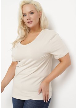 Beżowy T-shirt z Trójkątnym Dekoltem i Krótkimi Rękawami Hibiscua ze sklepu Born2be Odzież w kategorii Bluzki damskie - zdjęcie 169892680