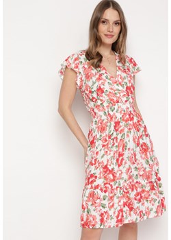 Biało-Czerwona Rozkloszowana Sukienka Midi z Bawełny z Kwiatowym Wzorem i Falbanką Rosenthel ze sklepu Born2be Odzież w kategorii Sukienki - zdjęcie 169892892