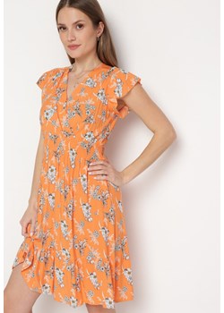 Pomarańczowa Sukienka Bawełniana z Kopertowym Dekoltem w Kwiatki Akariela ze sklepu Born2be Odzież w kategorii Sukienki - zdjęcie 169892914