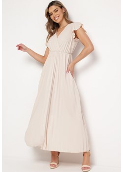 Beżowa Sukienka Maxi Plisowana z Kopertową Górą Rozkloszowany Fason Anelea ze sklepu Born2be Odzież w kategorii Sukienki - zdjęcie 169892934