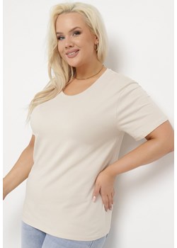 Beżowy Gładki T-shirt z Elastycznej Bawełny z Krótkim Rękawem Derdiara ze sklepu Born2be Odzież w kategorii Bluzki damskie - zdjęcie 169936153