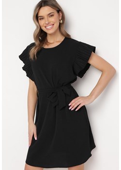 Czarna Mini Sukienka Rozkloszowana z Paskiem w Talii i Ozdobnym Rękawem Allairi ze sklepu Born2be Odzież w kategorii Sukienki - zdjęcie 169936361