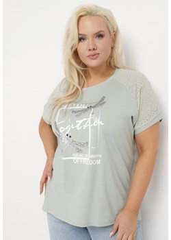 Miętowy Bawełniany T-shirt z Nadrukiem z Przodu Salaura ze sklepu Born2be Odzież w kategorii Bluzki damskie - zdjęcie 169936401