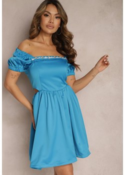 Niebieska Rozkloszowana Sukienka Mini z Wycięciami po Bokach i Cyrkoniami na Dekolcie Erelasia ze sklepu Renee odzież w kategorii Sukienki - zdjęcie 169937333