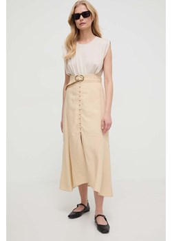 Twinset spódnica z domieszką lnu kolor beżowy midi prosta ze sklepu ANSWEAR.com w kategorii Spódnice - zdjęcie 169967323