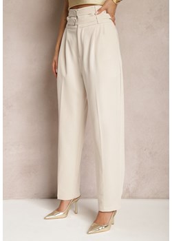 Beżowe Spodnie Garniturowe High Waist z Dwoma Paskami Ismera ze sklepu Renee odzież w kategorii Spodnie damskie - zdjęcie 169971363