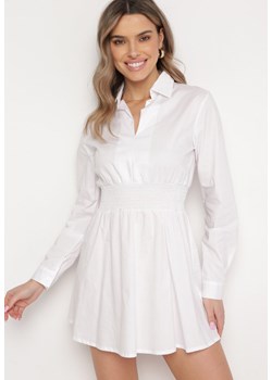 Biała Koszulowa Sukienka Mini z Bawełny z Gumką w Talii Memessa ze sklepu Born2be Odzież w kategorii Sukienki - zdjęcie 169972083