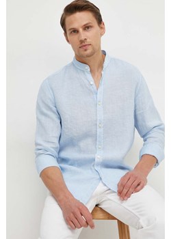 BOSS koszula lniana BOSS ORANGE kolor niebieski regular ze stójką 50489339 ze sklepu ANSWEAR.com w kategorii Koszule męskie - zdjęcie 169975381