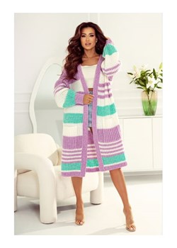 długi sweter kardigan margot w paski polski producent j&k premium - liliowy ze sklepu STYLOWO w kategorii Swetry damskie - zdjęcie 169990821