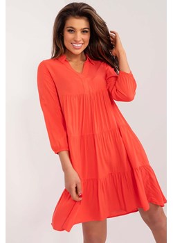 Koralowa sukienka damska z falbaną SUBLEVEL długi rękaw ze sklepu 5.10.15 w kategorii Sukienki - zdjęcie 169994213