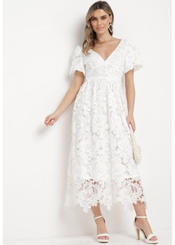 Biała Sukienka Koronkowa z Krótkim Bufiastym Rękawem Ulessa ze sklepu Born2be Odzież w kategorii Sukienki - zdjęcie 169999473