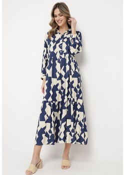 Beżowo-Granatowa Rozkloszowana Sukienka Maxi Koszulowa z Geometrycznym Wzorem Pholimena ze sklepu Born2be Odzież w kategorii Sukienki - zdjęcie 170004300