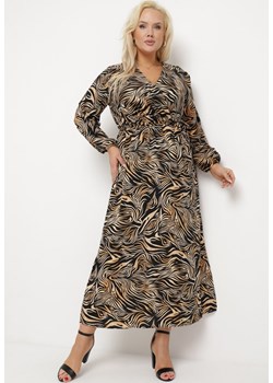 Czarno-Brązowa Sukienka Maxi w Abstrakcyjny Print Wiązana w Pasie Elennora ze sklepu Born2be Odzież w kategorii Sukienki - zdjęcie 170004661