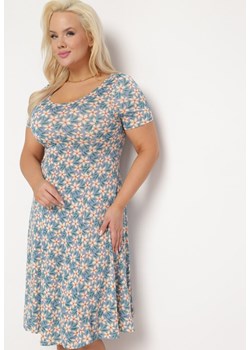 Niebieska Wiskozowa Sukienka Midi o Rozkloszowanym Fasonie Zdobiona Kwiatami Flebbaria ze sklepu Born2be Odzież w kategorii Sukienki - zdjęcie 170004904