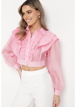 Różowa Koszula o Krótkim Fasonie z Żabotem Rippla ze sklepu Born2be Odzież w kategorii Koszule damskie - zdjęcie 170005874