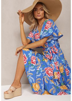 Niebieska Sukienka z Kopertowym Dekoltem i Falbanką Ozdobiona Kwiatowym Motywem Nisavela ze sklepu Renee odzież w kategorii Sukienki - zdjęcie 170006650