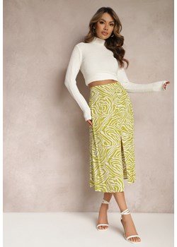 Zielona Rozkloszowana Spódnica z Wiskozy Rozcięta na Boku z Guzikami Seonailla ze sklepu Renee odzież w kategorii Spódnice - zdjęcie 170006850