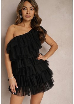 Czarna Rozkloszowana Sukienka Mini z Falbankami i Asymetrycznymi Ramionami Liurtta ze sklepu Renee odzież w kategorii Sukienki - zdjęcie 170006890
