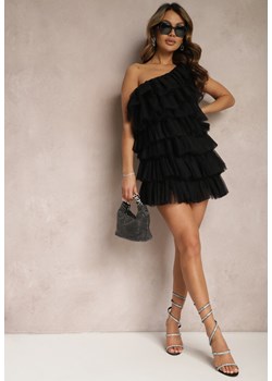 Czarna Rozkloszowana Sukienka Mini z Falbankami i Asymetrycznymi Ramionami Liurtta ze sklepu Renee odzież w kategorii Sukienki - zdjęcie 170006891