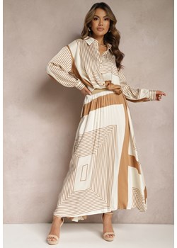 Beżowa Plisowana Spódnica z Gumką w Pasie Ozdobiona Geometrycznym Wzorem Jenessia ze sklepu Renee odzież w kategorii Spódnice - zdjęcie 170006970
