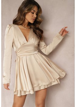 Beżowa Satynowa Sukienka Mini z Falbankami i Paskiem z Tyłu w Talii Catriona ze sklepu Renee odzież w kategorii Sukienki - zdjęcie 170007000