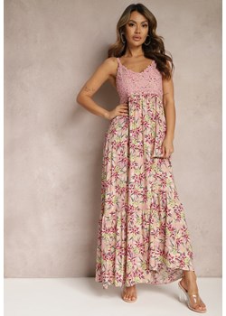 Różowa Rozkloszowana Sukienka Maxi z Wiskozy w Kwiatowy Print na Ramiączkach Roisintia ze sklepu Renee odzież w kategorii Sukienki - zdjęcie 170007030