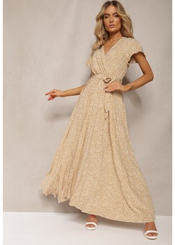 Beżowa Sukienka Maxi z Gumką w Pasie i Kopertowym Dekoltem w Kropki Miretell ze sklepu Renee odzież w kategorii Sukienki - zdjęcie 170020321