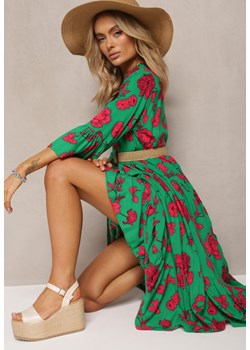 Zielona Rozkloszowana Sukienka z Guzikami w Kwiatowy Wzór Plasetha ze sklepu Renee odzież w kategorii Sukienki - zdjęcie 170020351