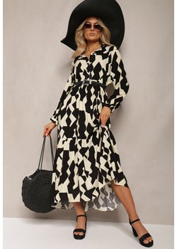 Beżowo-Czarna Koszulowa Sukienka Maxi w Geometryczny Wzór Qerida ze sklepu Renee odzież w kategorii Sukienki - zdjęcie 170020361