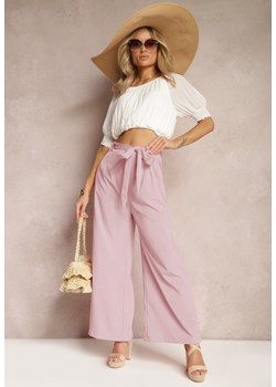 Ciemnoróżowe Szerokie Spodnie z Materiałowym Paskiem w Typie Paper Bag Lasette ze sklepu Renee odzież w kategorii Spodnie damskie - zdjęcie 170020371