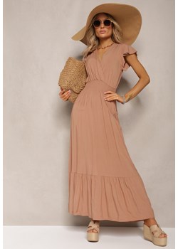 Jasnobrązowa Rozkloszowana Sukienka Maxi z Bawełny z Kopertowym Dekoltem i Falbankami Quelaria ze sklepu Renee odzież w kategorii Sukienki - zdjęcie 170020401