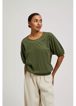 Bluzka z bufiastymi rękawami i okrągłym dekoltem khaki ze sklepu Moodo.pl w kategorii Bluzki damskie - zdjęcie 170026942