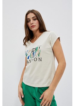 Bawełniany t-shirt z nadrukiem beżowy ze sklepu 5.10.15 w kategorii Bluzki damskie - zdjęcie 170043521