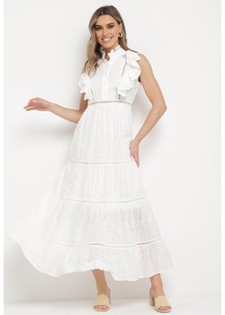Biała Długa Sukienka w Stylu Boho z Ażurowym Haftem i Falbankami Cailletia ze sklepu Born2be Odzież w kategorii Sukienki - zdjęcie 170060283