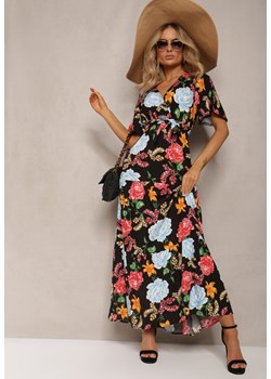 Czarna Sukienka z Kopertowym Dekoltem i Falbanką Ozdobiona Kwiatowym Motywem Nisavela ze sklepu Renee odzież w kategorii Sukienki - zdjęcie 170068474