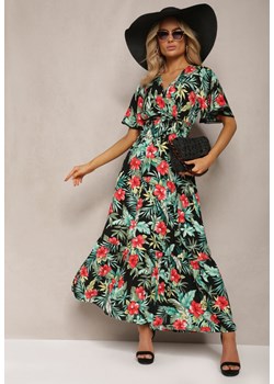 Czarno-Zielona Sukienka na Lato Maxi w Kwiaty z Gumką i Wiązanym Paskiem w Talii Uveilla ze sklepu Renee odzież w kategorii Sukienki - zdjęcie 170068484
