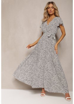 Biało-Czarna Sukienka Maxi z Gumką w Pasie i Kopertowym Dekoltem w Kropki Miretell ze sklepu Renee odzież w kategorii Sukienki - zdjęcie 170068504