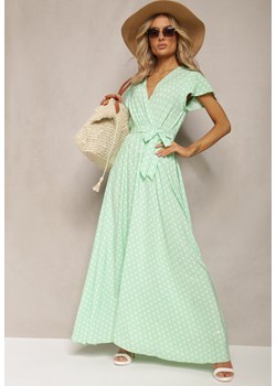 Zielona Sukienka Maxi w Kropki z Plisowanym Dołem i Trójkątnym Dekoltem Florieas ze sklepu Renee odzież w kategorii Sukienki - zdjęcie 170068524