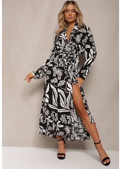 Czarno-Biała Sukienka o Długim Koszulowym Fasonie z Wzorem w Kwiaty Seraplle ze sklepu Renee odzież w kategorii Sukienki - zdjęcie 170068540