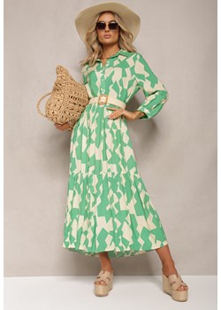 Zielono-Beżowa Koszulowa Sukienka Maxi w Geometryczny Wzór Qerida ze sklepu Renee odzież w kategorii Sukienki - zdjęcie 170068544