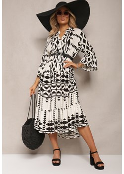 Czarno-Biała Rozkloszowana Sukienka Midi w Geometryczny Wzór Ozdobiona Falbankami Mefdia ze sklepu Renee odzież w kategorii Sukienki - zdjęcie 170068554
