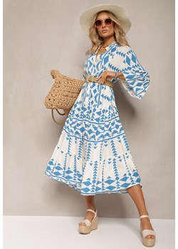 Niebiesko-Biała Rozkloszowana Sukienka Midi w Geometryczny Wzór Ozdobiona Falbankami Mefdia ze sklepu Renee odzież w kategorii Sukienki - zdjęcie 170068564