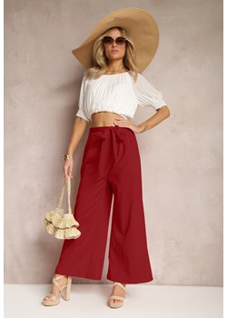 Bordowe Szerokie Spodnie z Materiałowym Paskiem w Typie Paper Bag Lasette ze sklepu Renee odzież w kategorii Spodnie damskie - zdjęcie 170068624