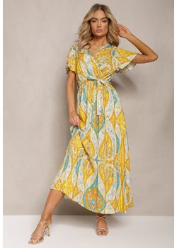 Żółta Rozkloszowana Sukienka z Wiskozy z Paskiem i Ozdobnym Wzorem Briarwin ze sklepu Renee odzież w kategorii Sukienki - zdjęcie 170068764